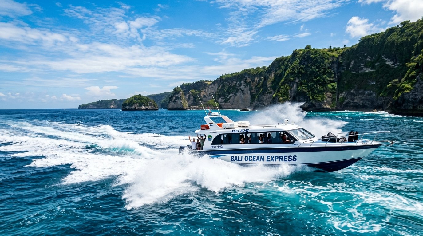 Modern fast boat speeding across ocean to Nusa Penida island