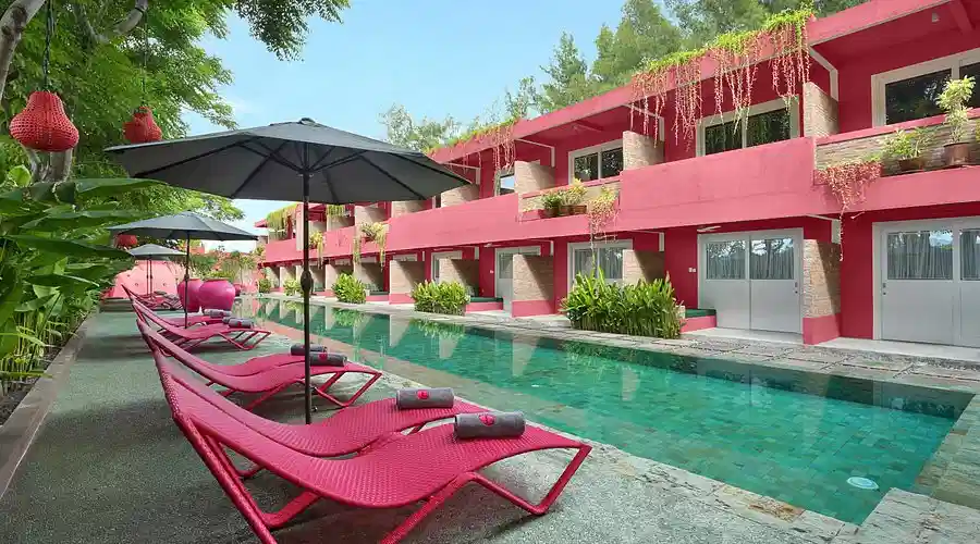 Colorful beachfront resort design at PinkCoco Uluwatu near Padang Padang Beach Bali